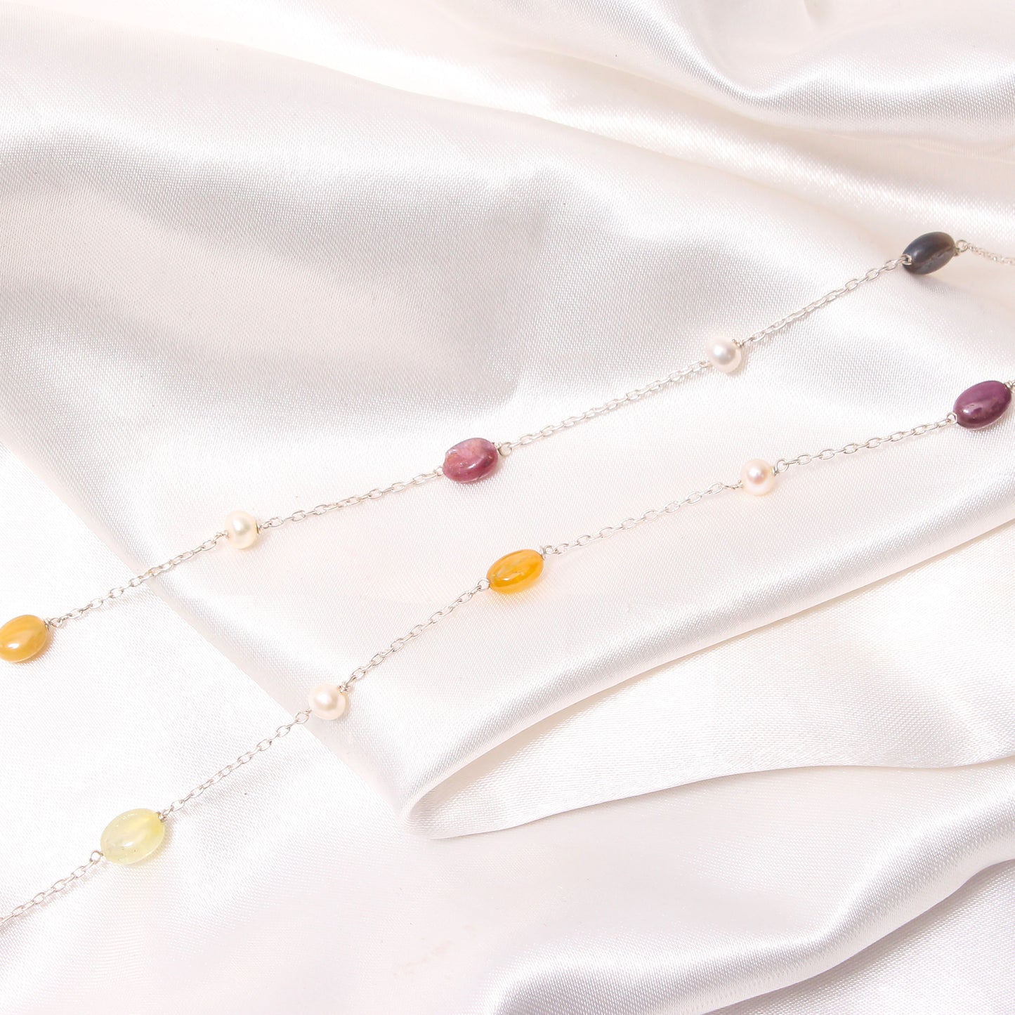 Natural Multi-Sapphire & Pearl Chain Necklace - 925 Silver Necklace For Women