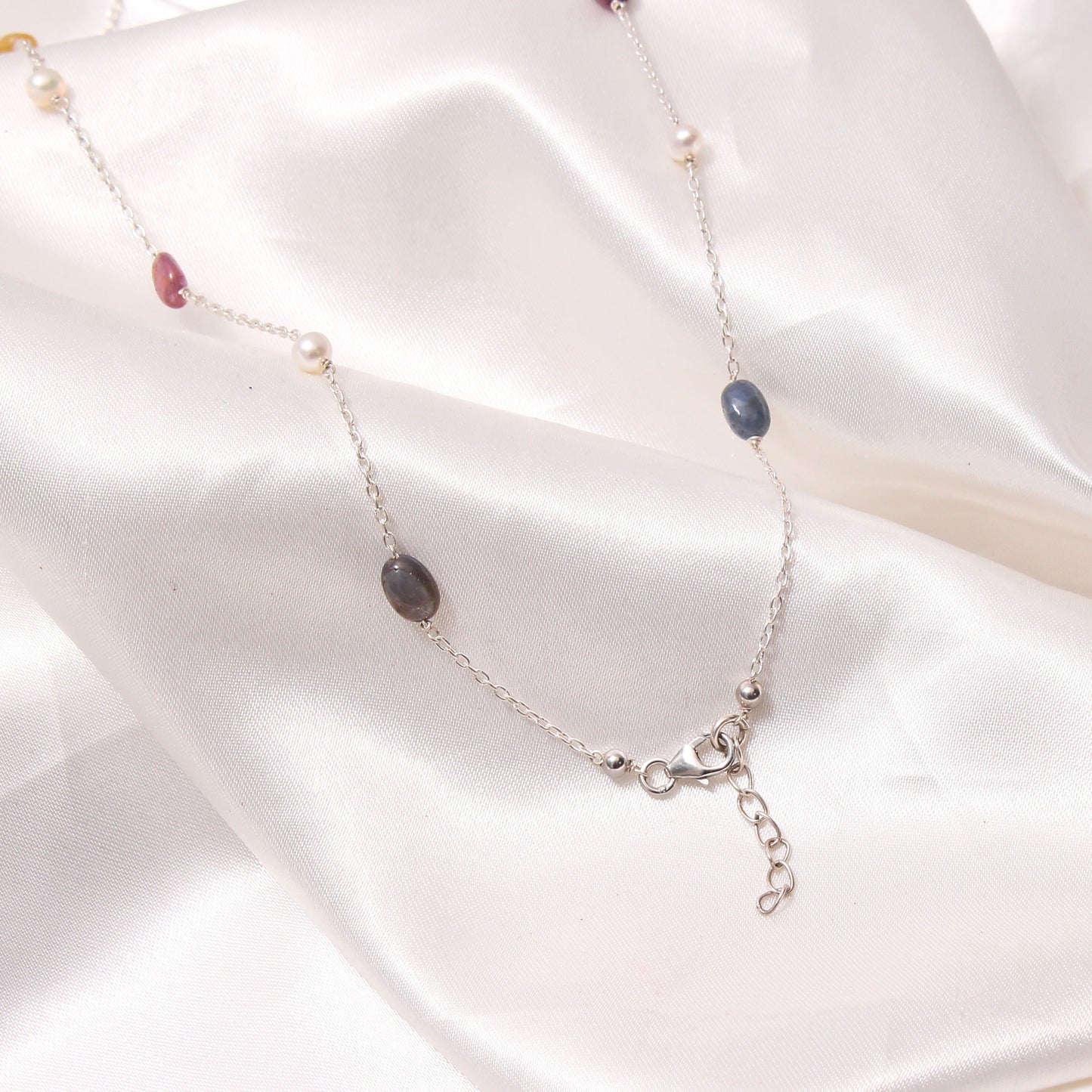Natural Multi-Sapphire & Pearl Chain Necklace - 925 Silver Necklace For Women