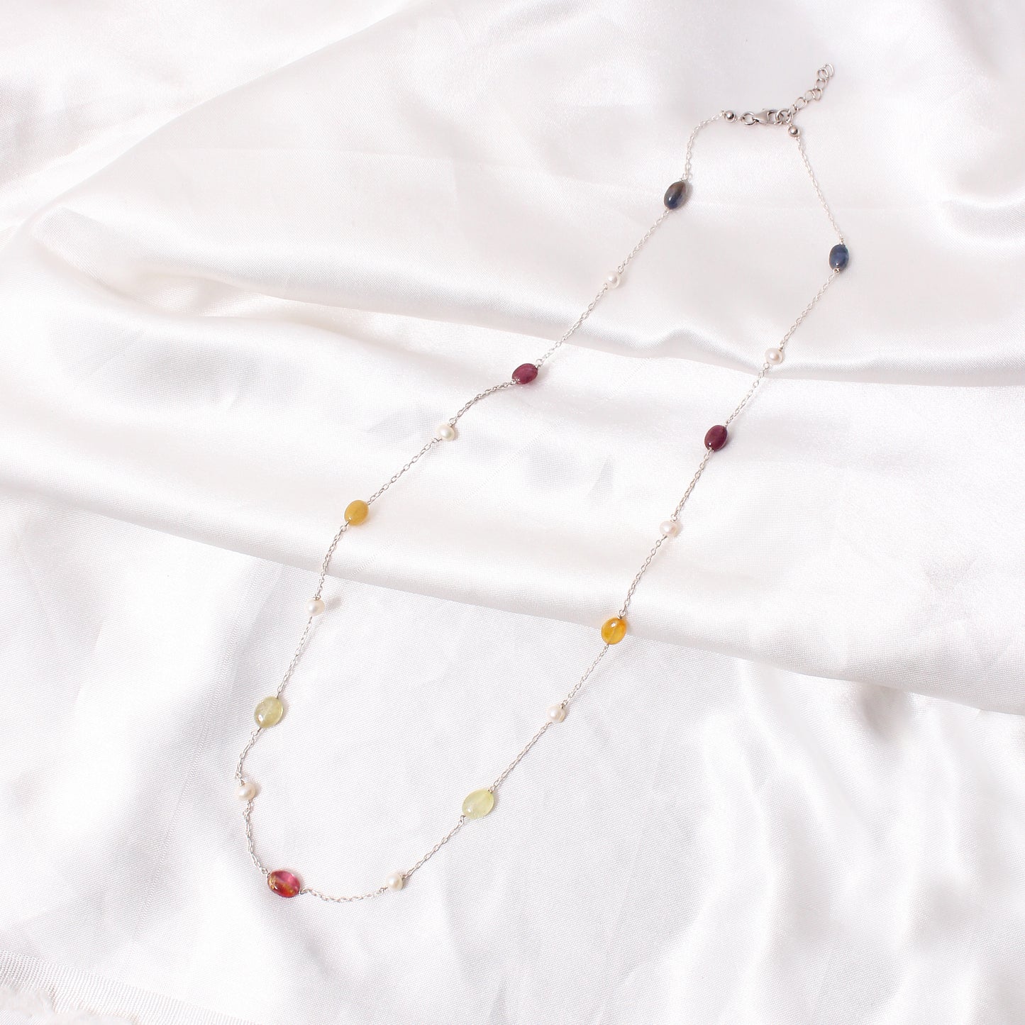 Natural Multi-Sapphire & Pearl Chain Necklace - 925 Silver Necklace For Women