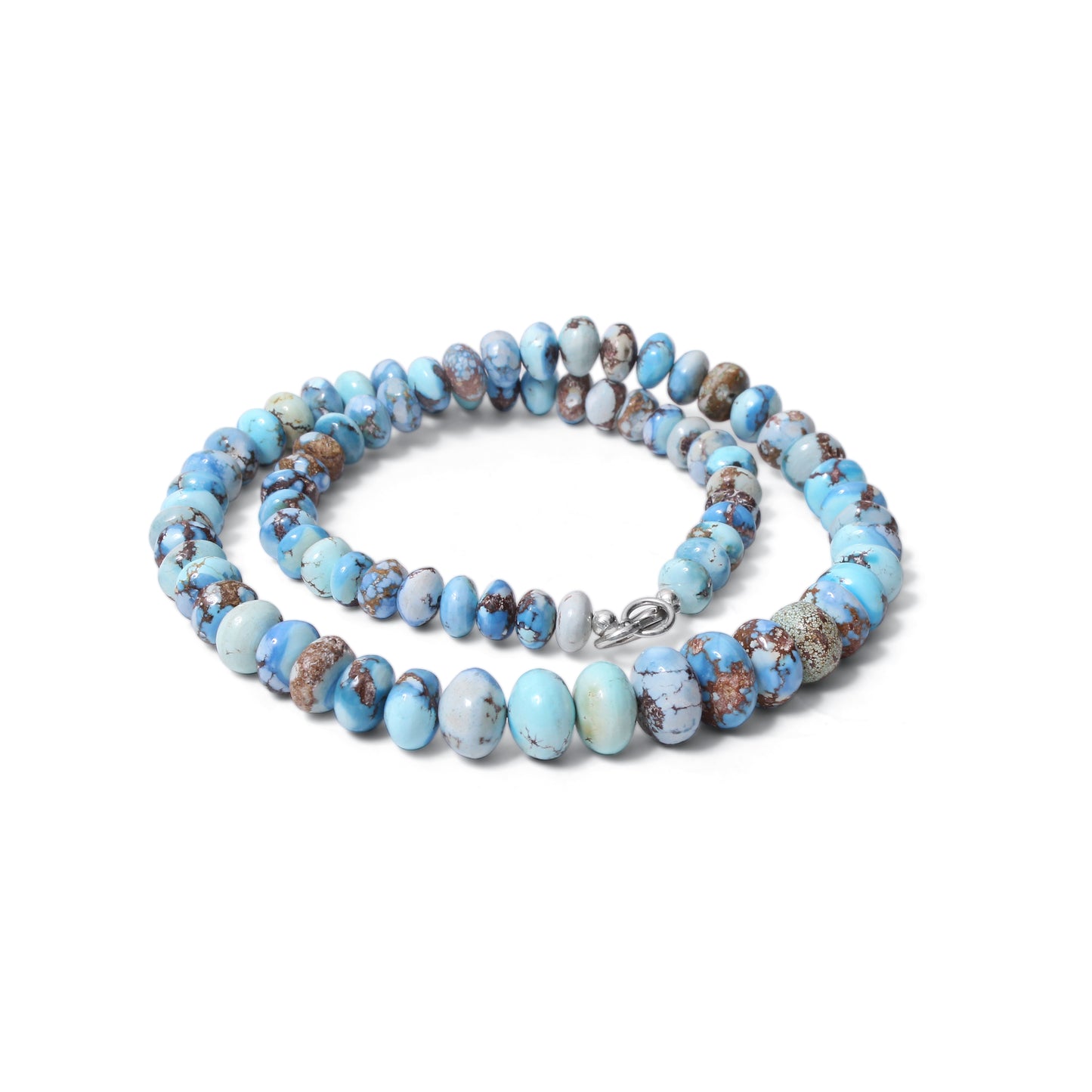 Golden Hills Blue Turquoise Rondelle Necklace photographed under natural sunlight