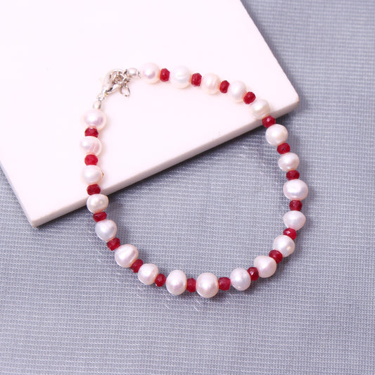 pearl and ruby beads studded silver bracelet