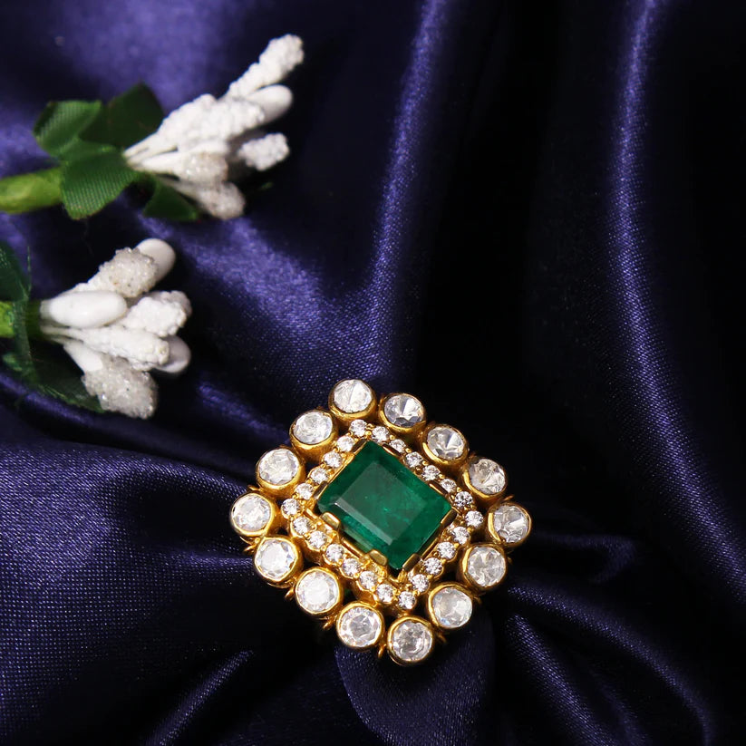 Adjustable Elegance: Faux Emerald & Polki Diamond Traditional Ring -Timeless Beauty