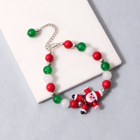 Green Onyx, Coral, and White Moonstone Christmas Bracelet with Santa Charm