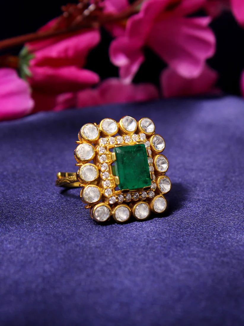 Adjustable Elegance: Faux Emerald & Polki Diamond Traditional Ring -Timeless Beauty