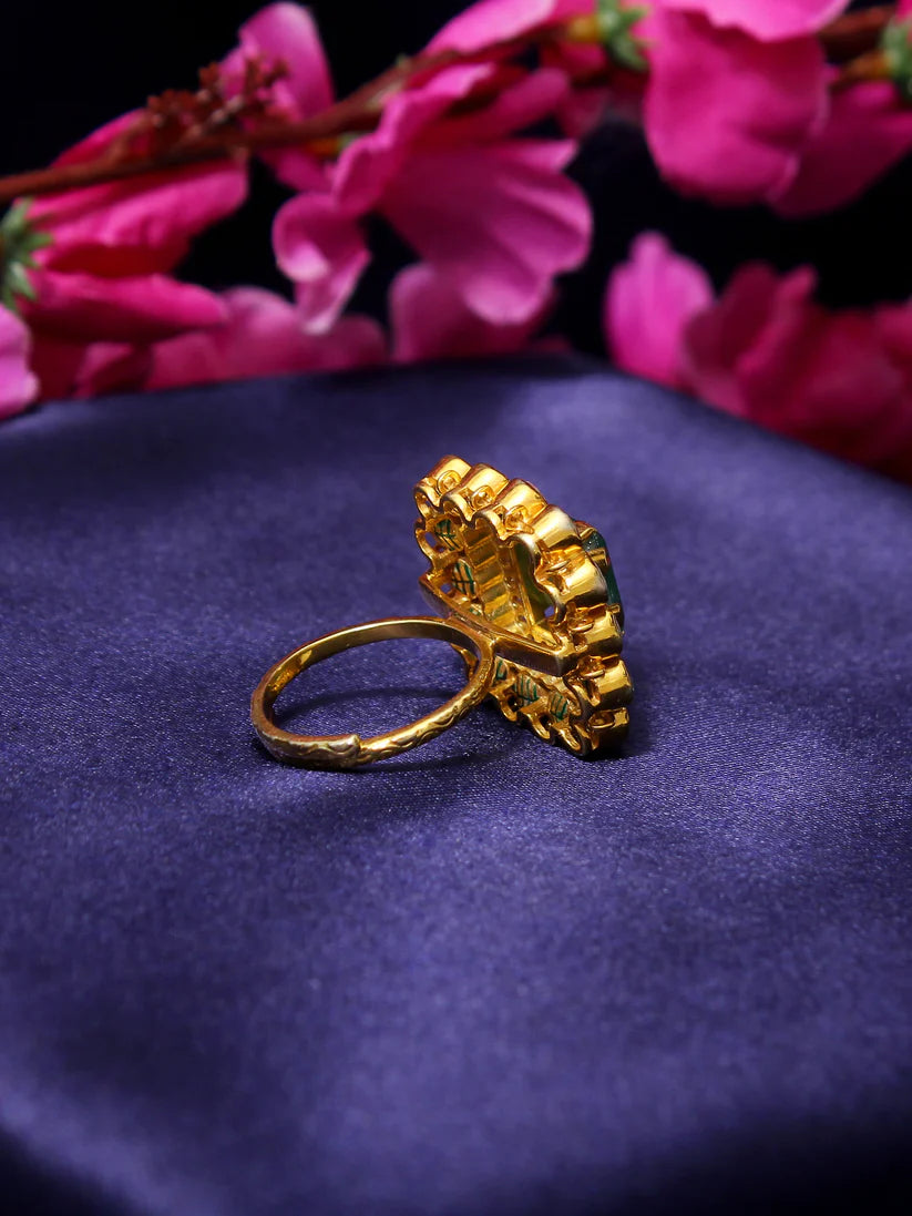 Adjustable Elegance: Faux Emerald & Polki Diamond Traditional Ring -Timeless Beauty