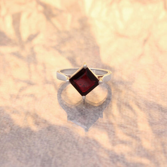 Red garnet Square Cut Stone Ring Studded with 925 Sterling silver