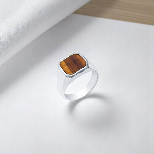 Bold Men's Signet Ring with Natural Tiger Eye Stone – Modern Statement Jewelry