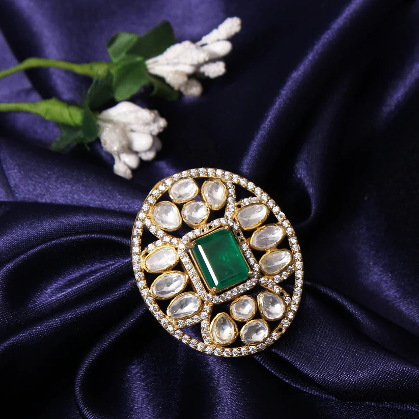 Elegance: Simulated Emerald & Faux Diamond Traditional Indian Ring (Adjustable