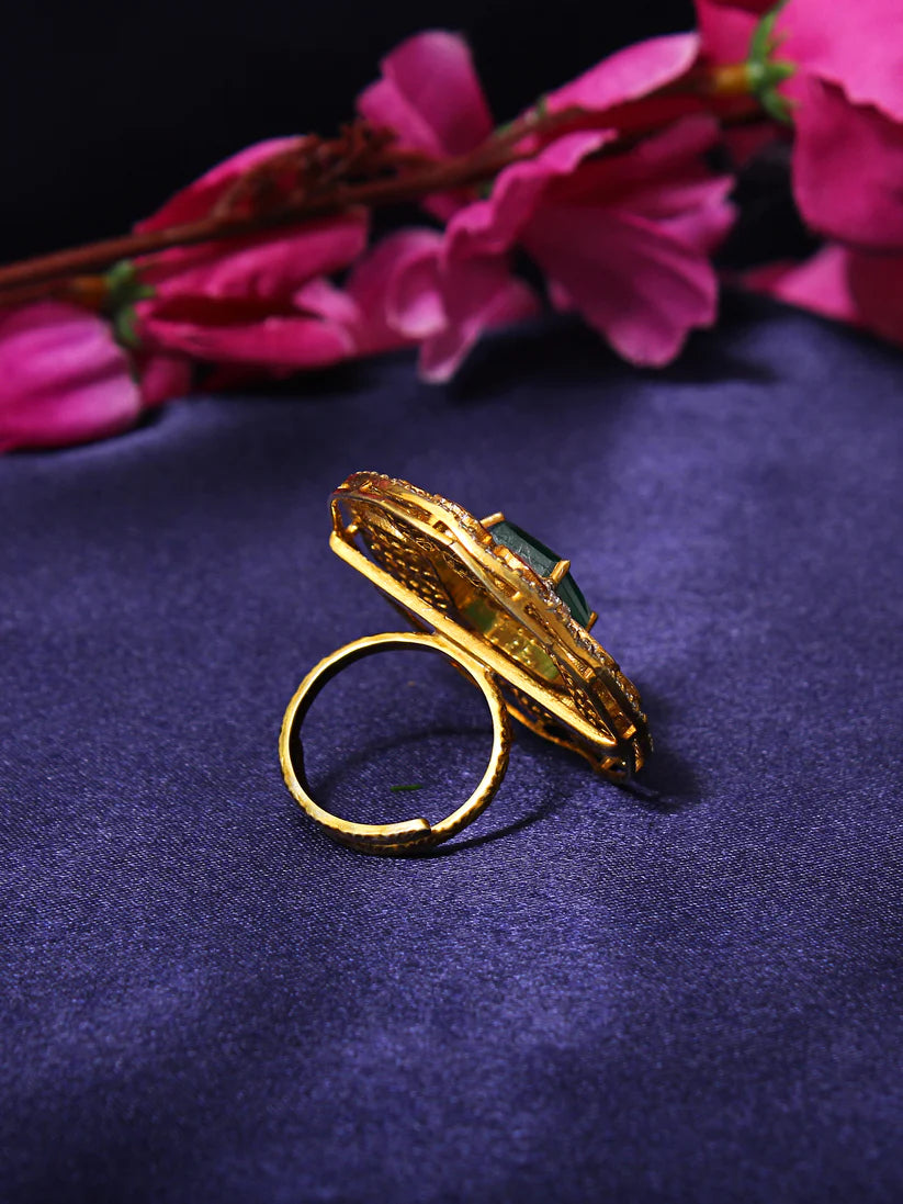 Elegance: Simulated Emerald & Faux Diamond Traditional Indian Ring (Adjustable