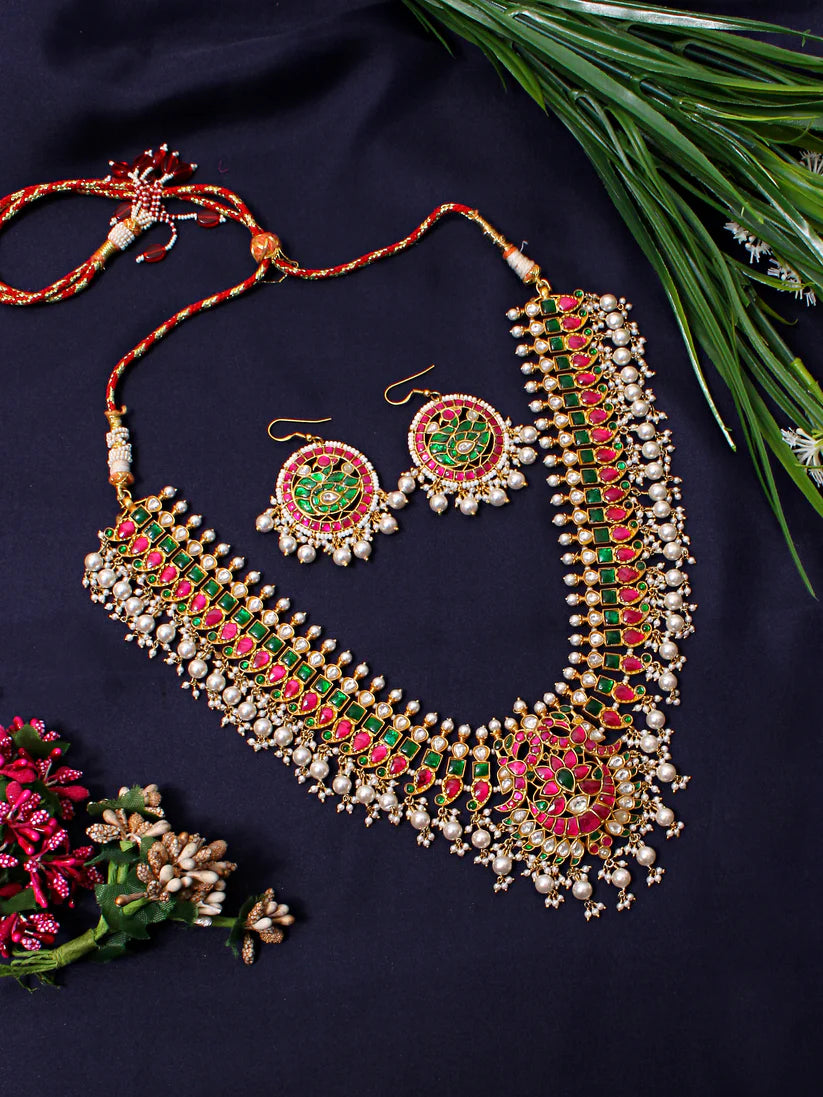Faux Emerald, Pearl, and Ruby 925 Silver Jewelry Set – Elegant Necklace and Earrings Ensemble
