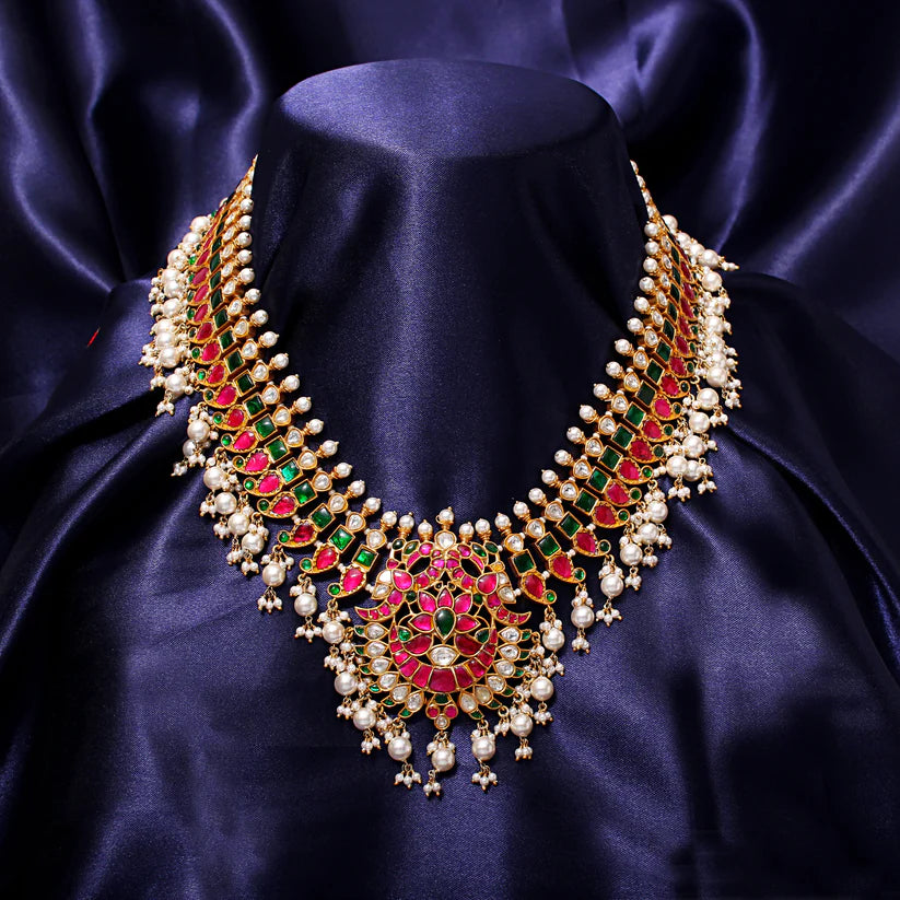 Faux Emerald, Pearl, and Ruby 925 Silver Jewelry Set – Elegant Necklace and Earrings Ensemble
