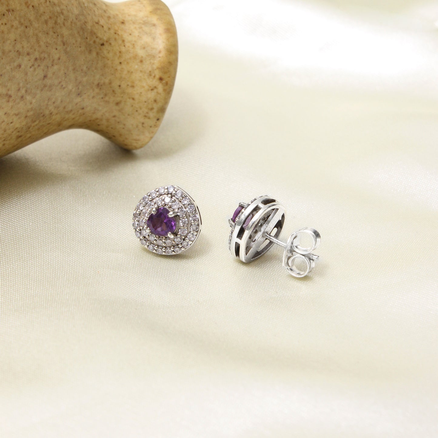 925 Sterling Silver Natural Amethyst Halo Stud Earrings | Purple Gemstone February Birthstone Jewelry for Women