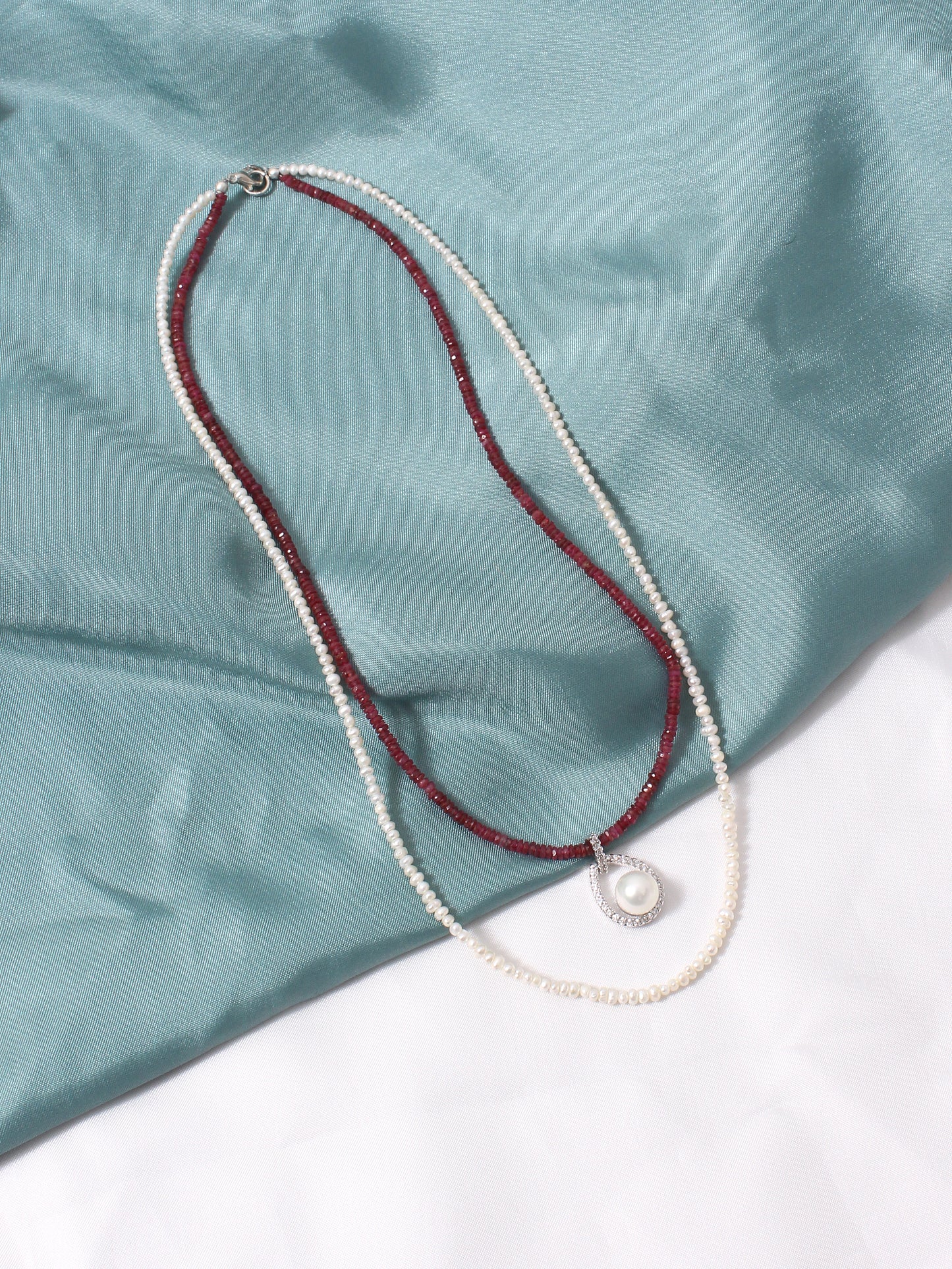 Pearl & Ruby Pendant: Timeless Elegance, Layered Necklace