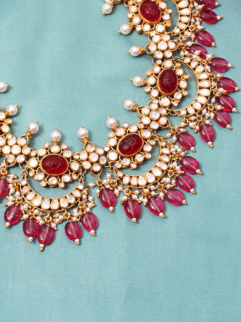 Radiance Redefined: Lightweight Faux Ruby & Pearl Necklace Set