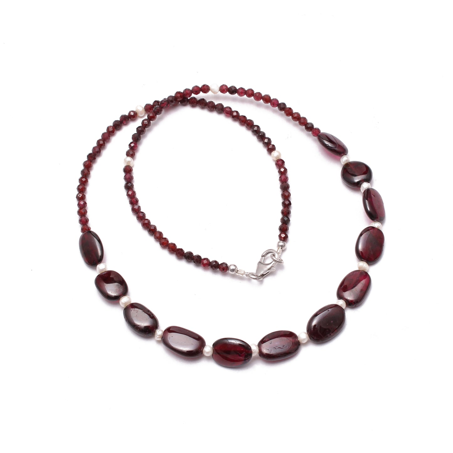 red garnet necklace with 925 silver lock and pearl beads