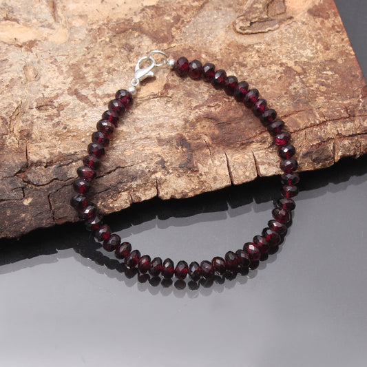 Red garnet faceted rondelle beads silver bracelet