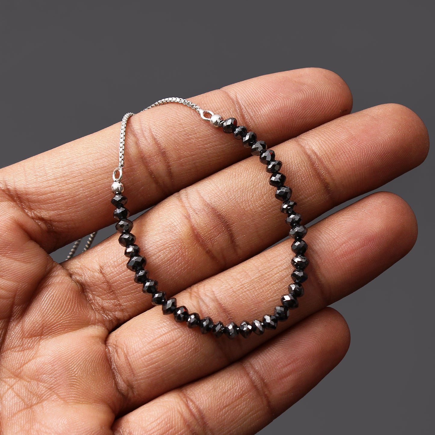 Natural Black Diamond Bolo Chain Silver Adjustable Bracelet