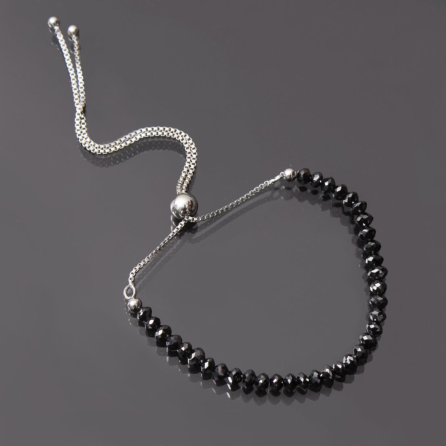 Natural Black Diamond Bolo Chain Silver Adjustable Bracelet