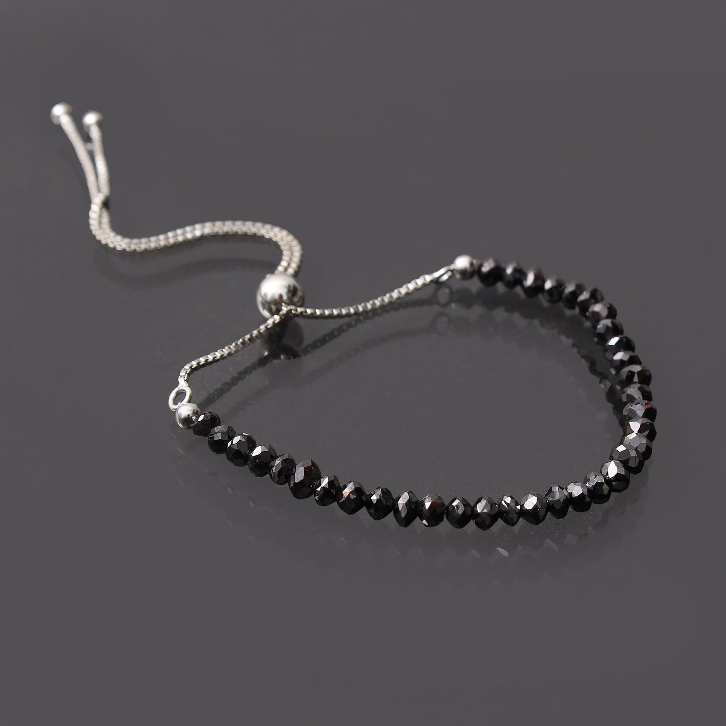 Natural Black Diamond Bolo Chain Silver Adjustable Bracelet