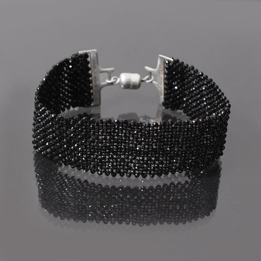 black spinel faceted round beads layered 9 inch long bracelet