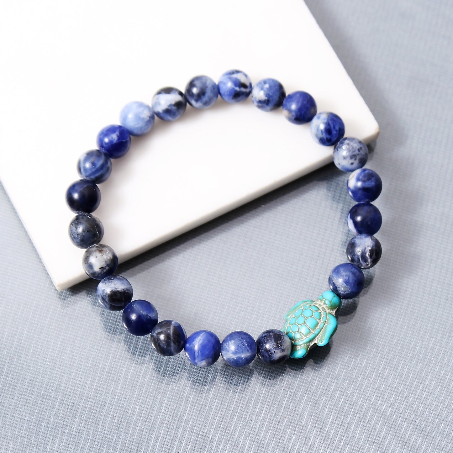 Sodalite And Turquoise Turtle Bracelet, Beach Vibes Stretch Bracelet