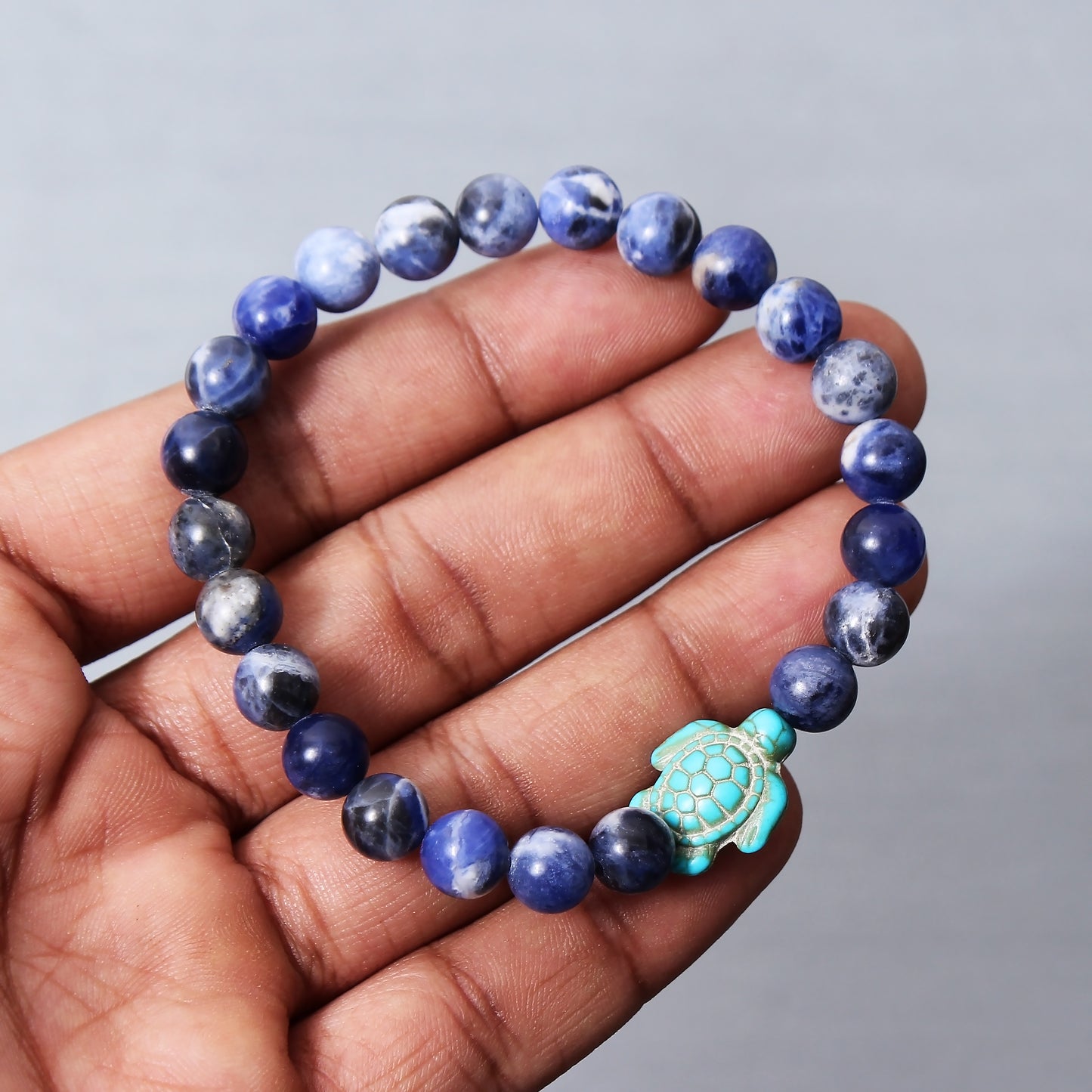 Sodalite And Turquoise Turtle Bracelet, Beach Vibes Stretch Bracelet