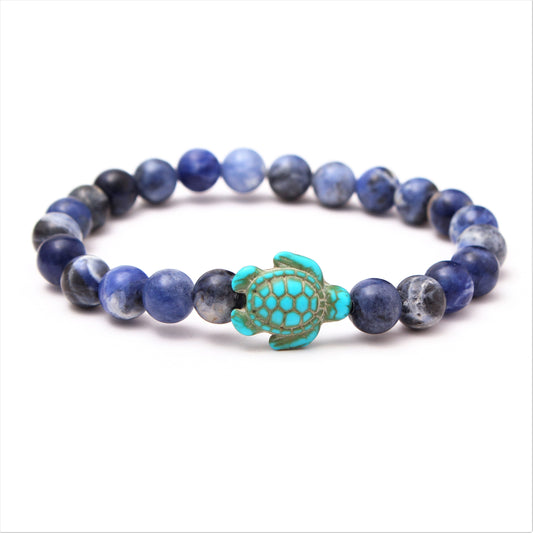 Sodalite And Turquoise Turtle Bracelet, Beach Vibes Stretch Bracelet