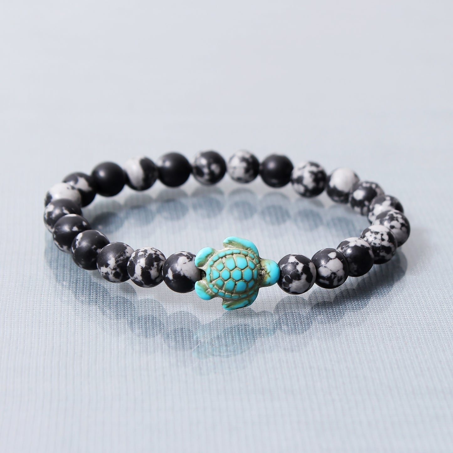 Snowflake Obsidian And Turquoise Turtle Bracelet, Beach Vibes Stretch Bracelet