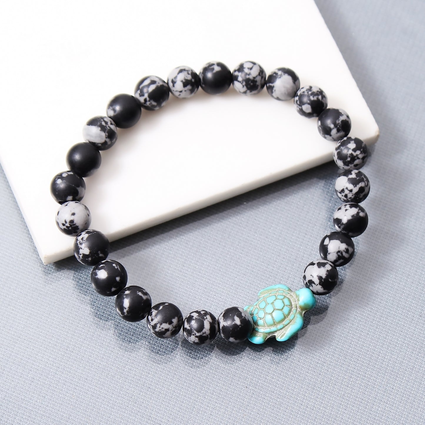 Snowflake Obsidian And Turquoise Turtle Bracelet, Beach Vibes Stretch Bracelet