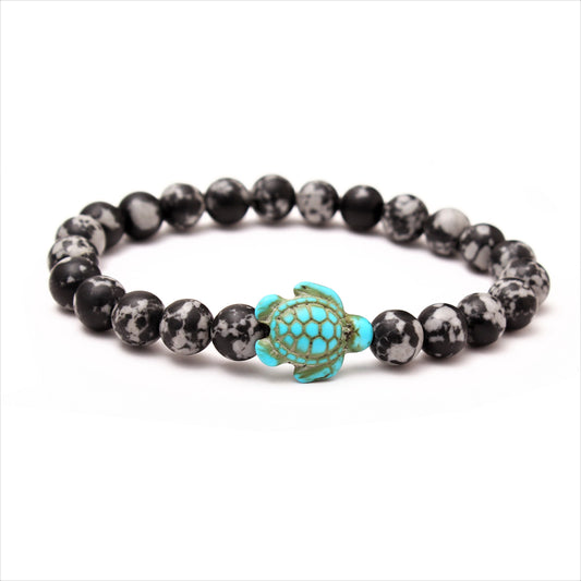 Snowflake Obsidian And Turquoise Turtle Bracelet, Beach Vibes Stretch Bracelet