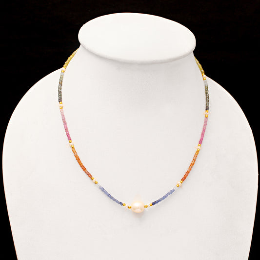 Multi Sapphire Beaded Necklace with Single Pearl in center