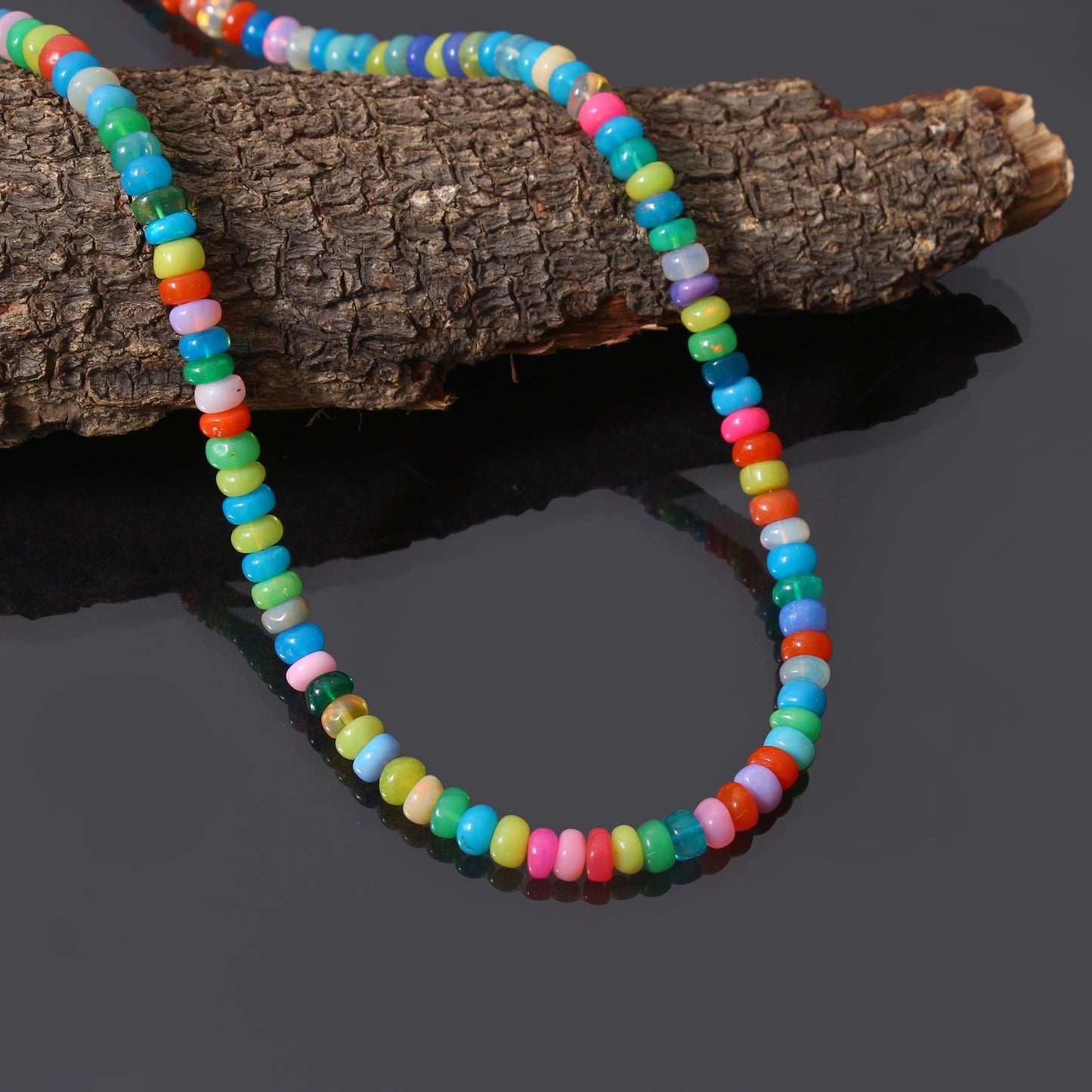 Ethopian Candy Opal Gem stone Beaded Necklace with Silver Lobster Lock