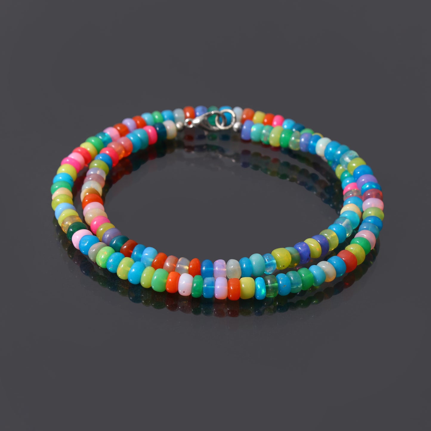 Ethopian Candy Opal Gem stone Beaded Necklace with Silver Lobster Lock