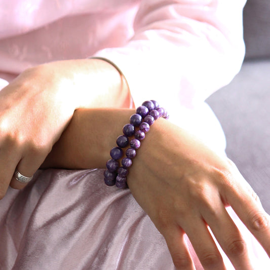 Natural Charoite Smooth Round Beads Stretchable Bracelet