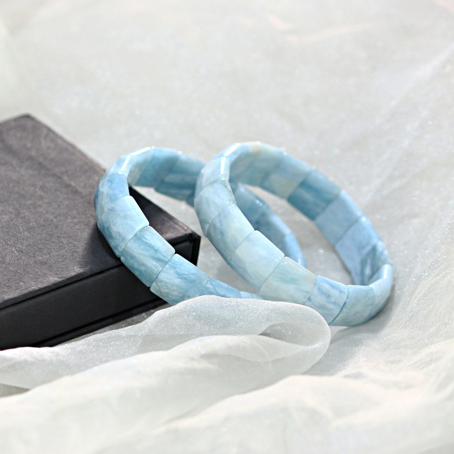 Aquamarine Gemstone Stretch Bracelet: Faceted Rectangular Beads, 7.5 Inch
