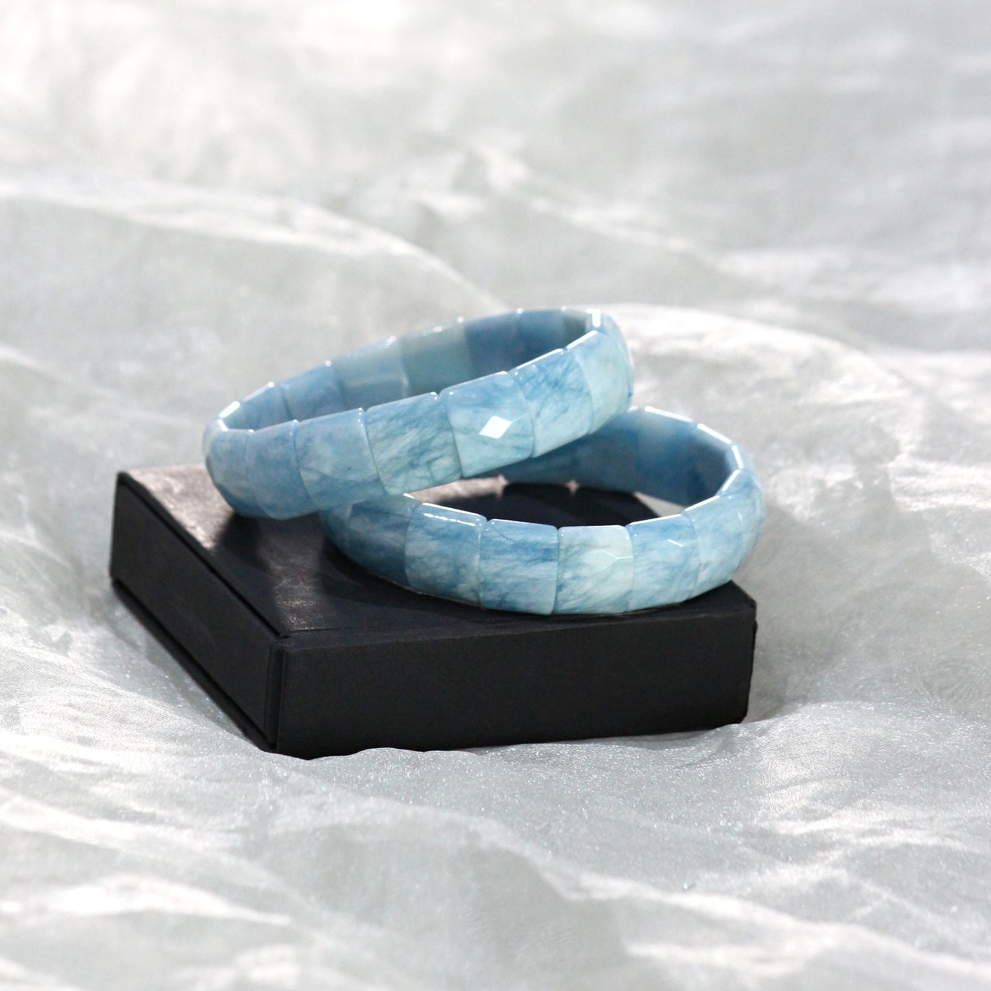 Aquamarine Gemstone Stretch Bracelet: Faceted Rectangular Beads, 7.5 Inch