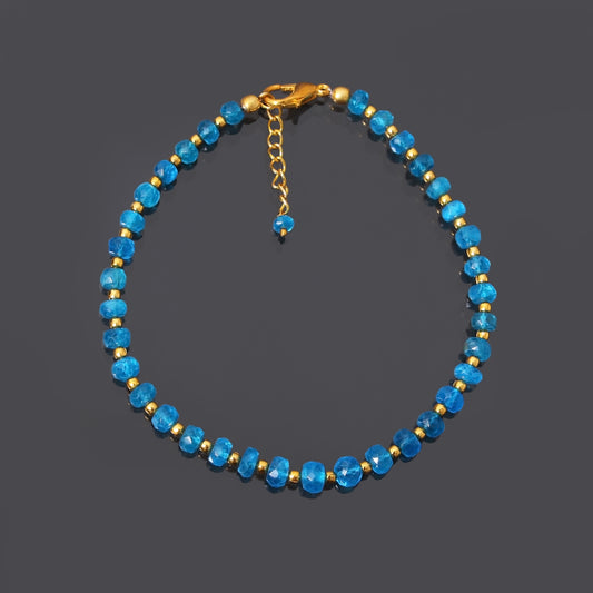 Neon Blue Apatite Gemstone Faceted Rondelle Bracelet with Gold Plated Silver Clasp