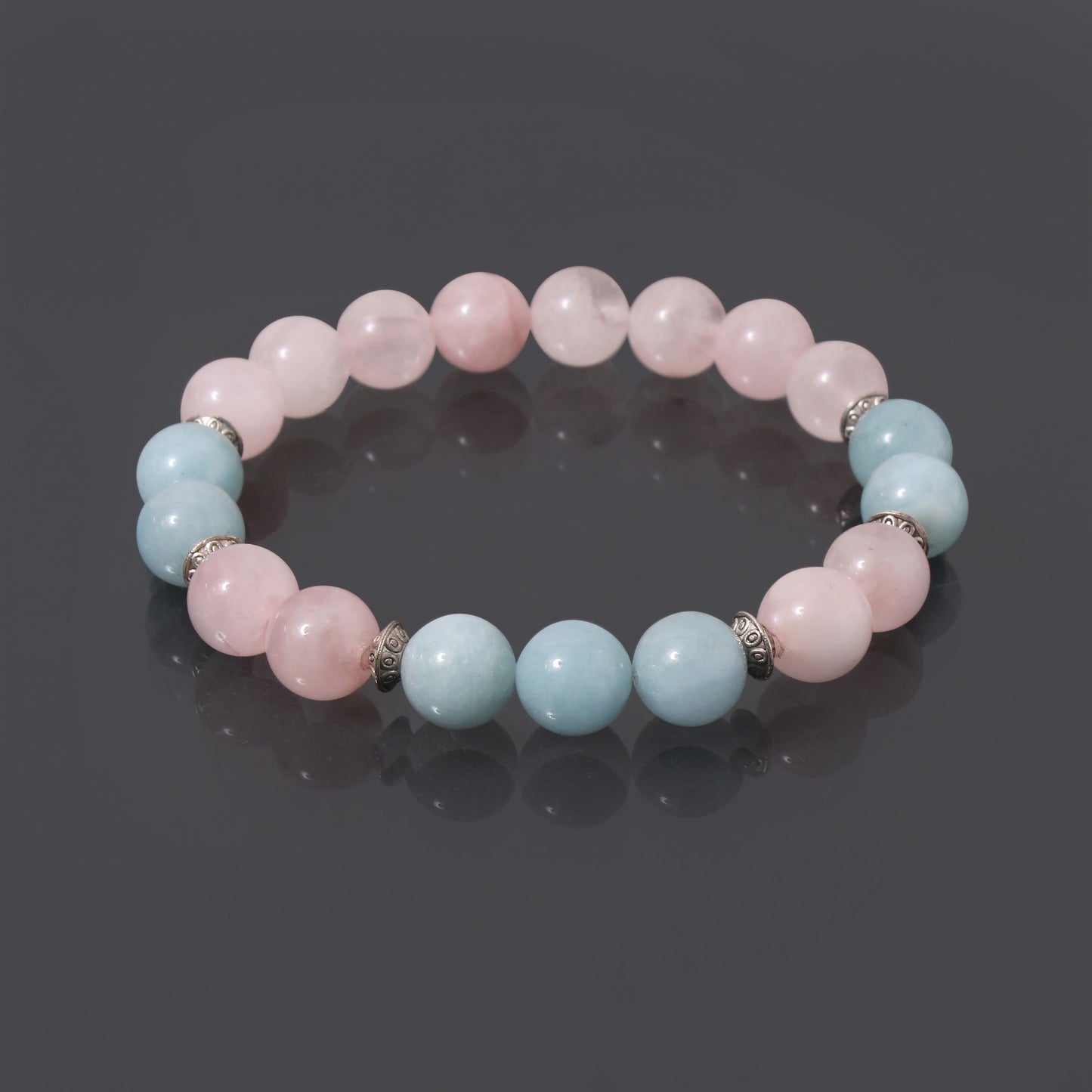 Aquamarine and Rose Quartz Gemstone Round Ball Bracelet - Beautiful Stretchable Bracelet