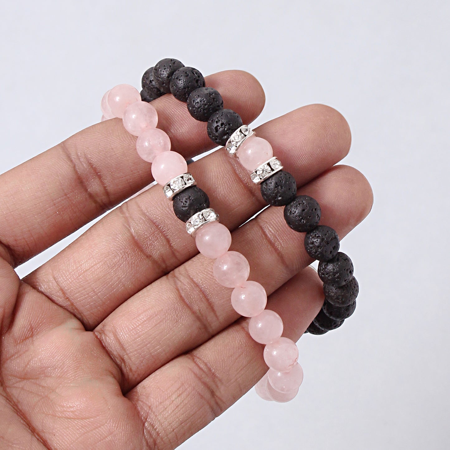 Couple Bracelet Pair : Valentine's Special Rose Quartz and Lava Beads Gemstone Bracelet