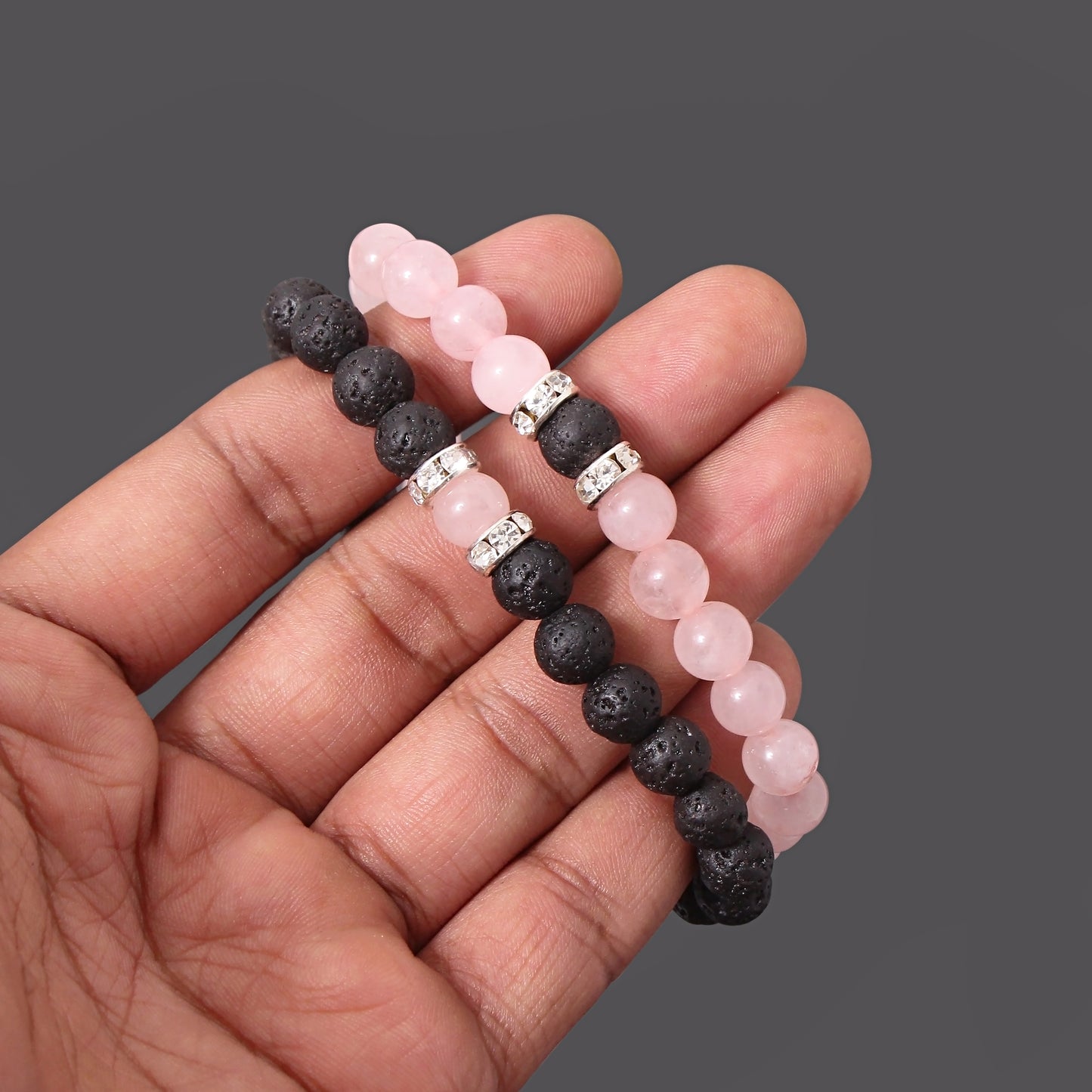 Couple Bracelet Pair : Valentine's Special Rose Quartz and Lava Beads Gemstone Bracelet