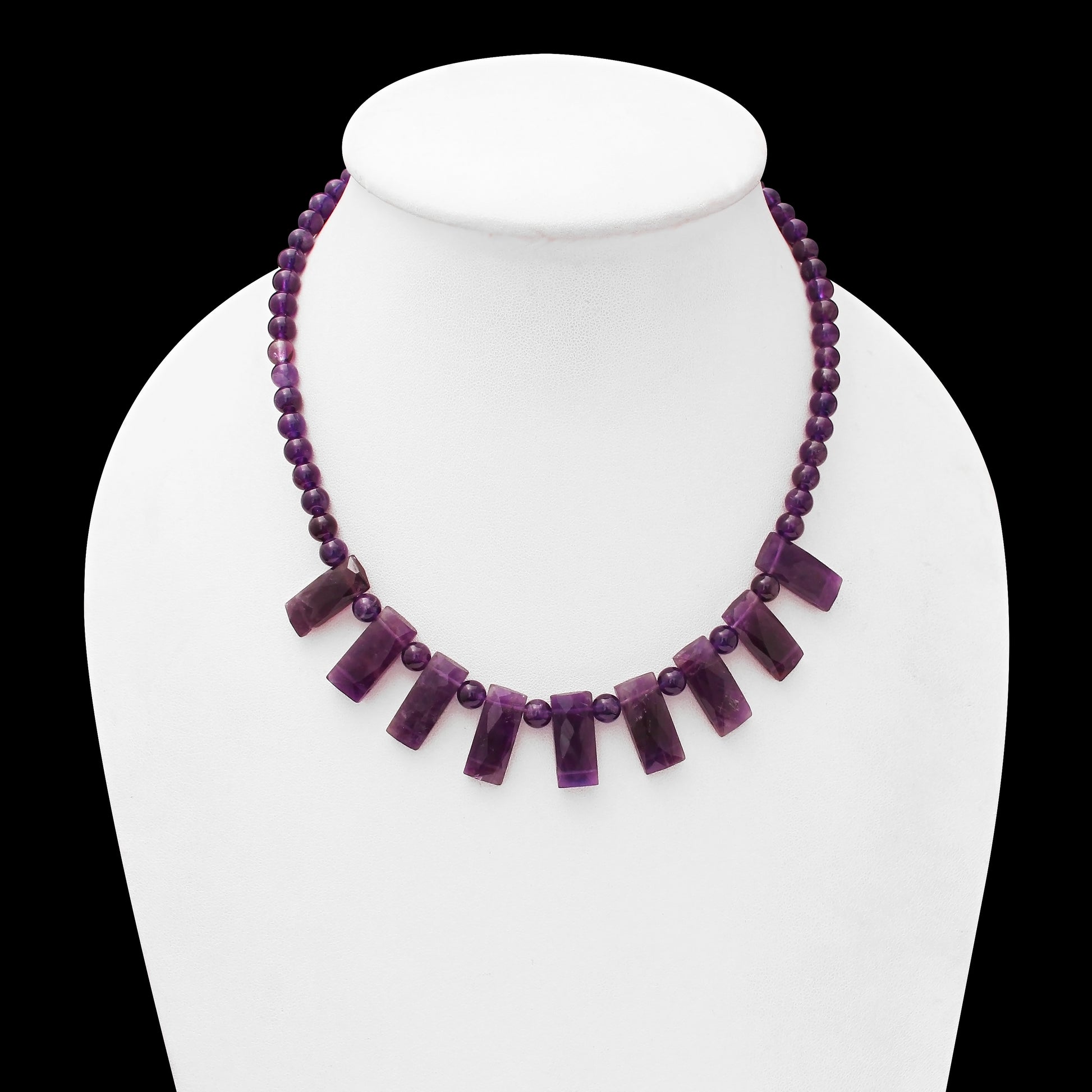 purple amethyst round and baguette beads necklace