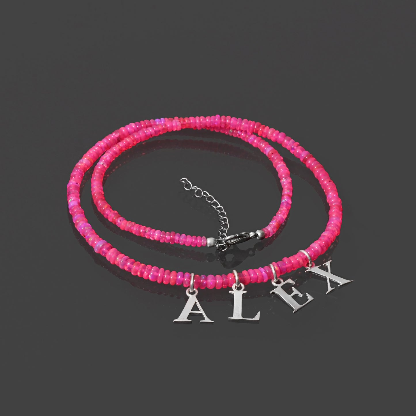 Pink Ethiopian Opal Rondelle Beads Necklace with SIlver Alphabet ALEX name charm