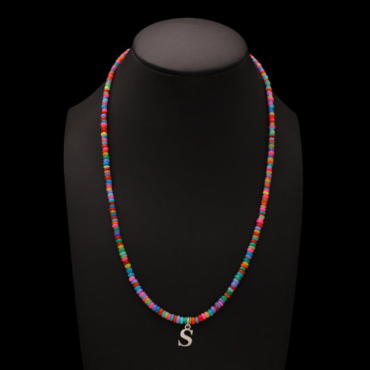 ethiopian opal rondelle personalized necklace with 925 silver S letter pendant