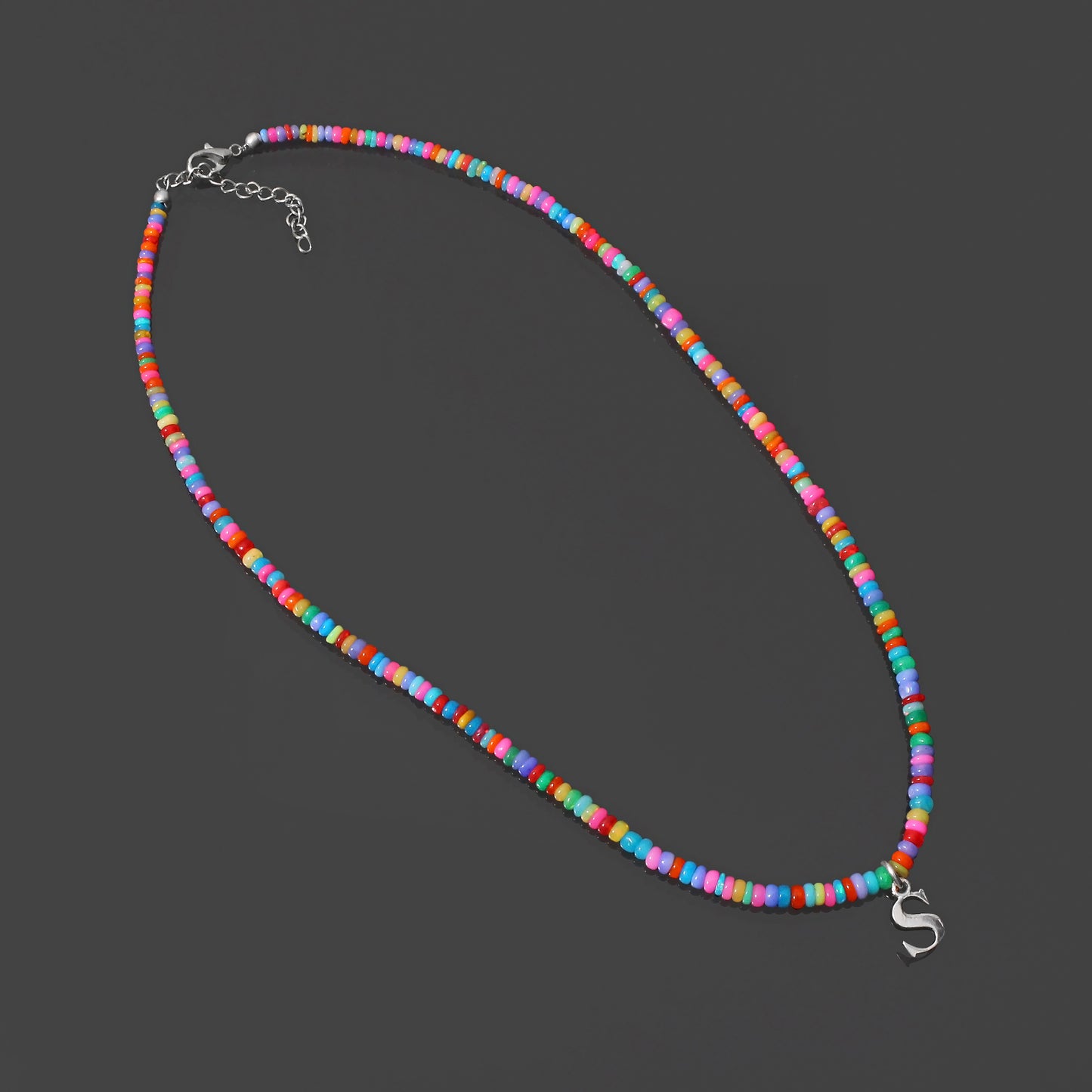 925 Silver A to Z letter Necklace with Multi Ethiopian Opal Gemstones