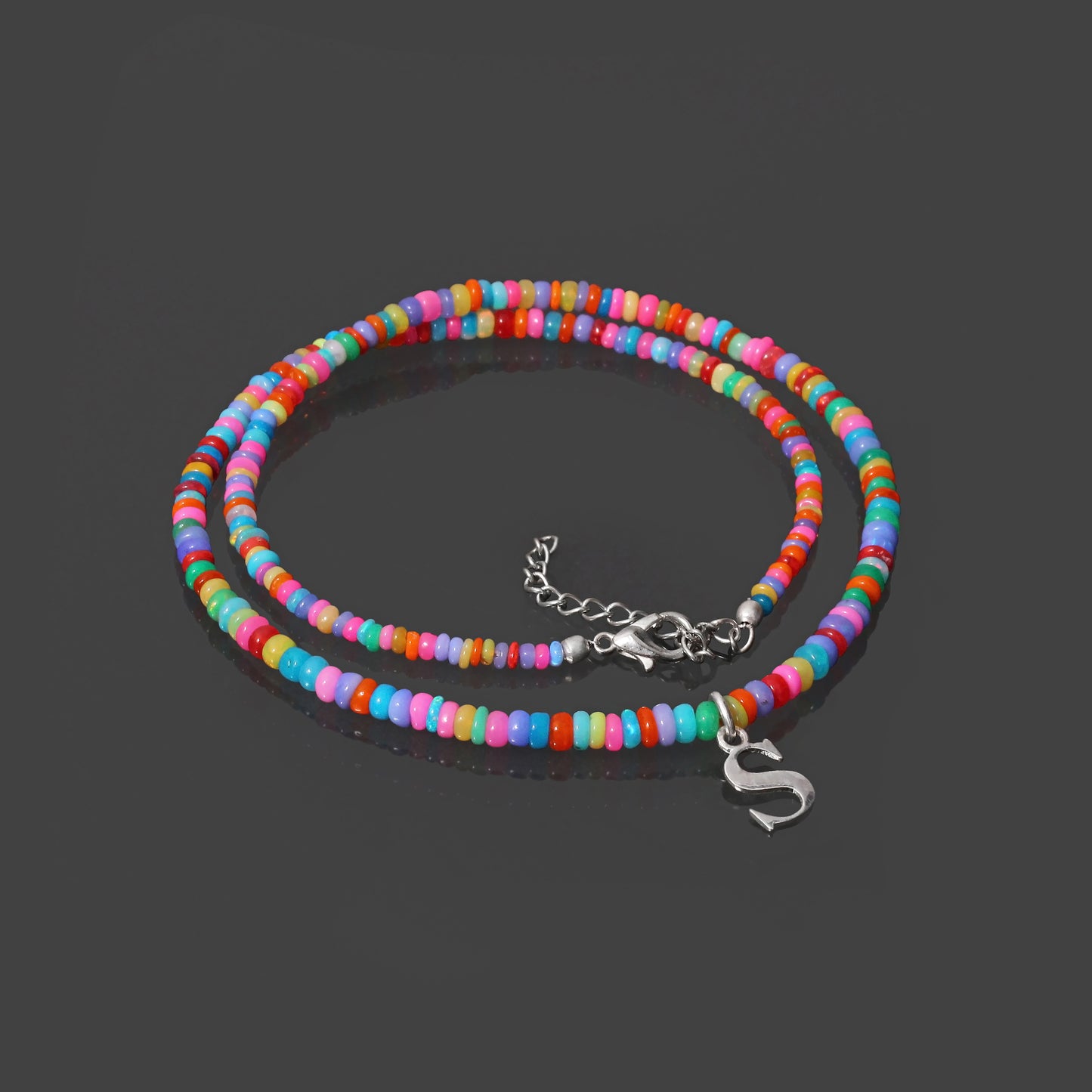925 Silver A to Z letter Necklace with Multi Ethiopian Opal Gemstones