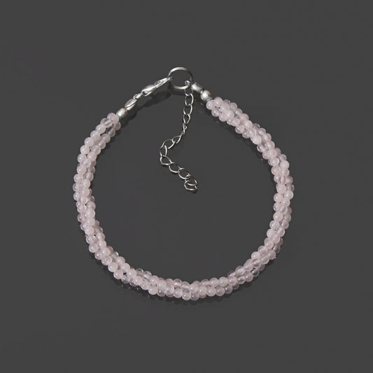 rose quartz tiny round smooth beads triple layer bracelet with 925 sterling silver lobster lock and extension chain