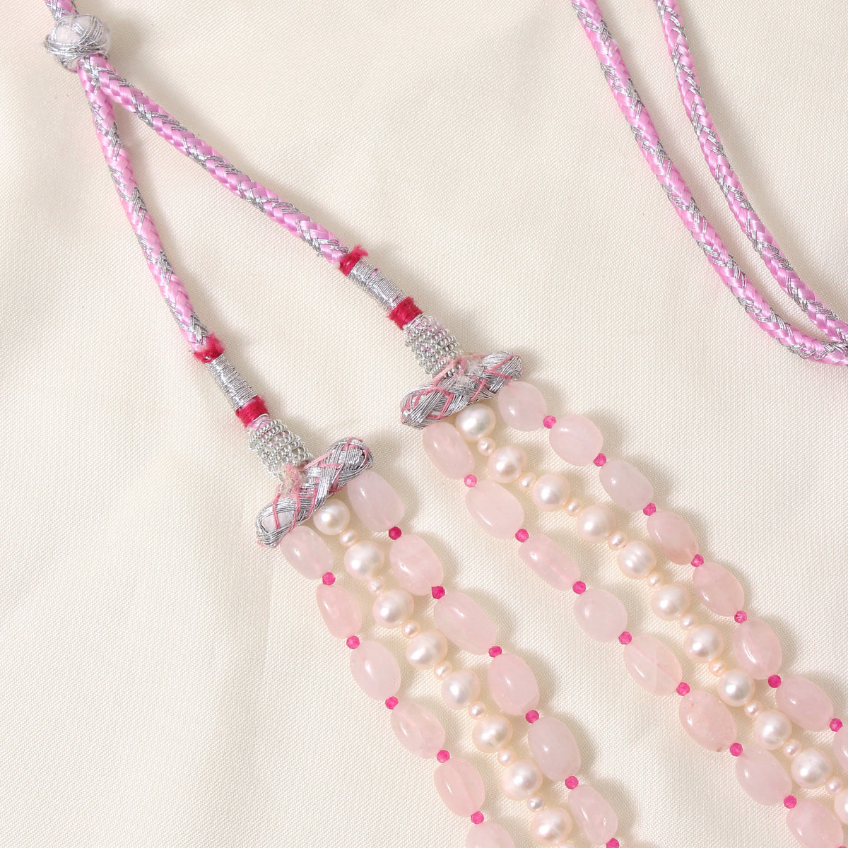 Luxury Rose Quartz & Pearl Gemstone Necklace – 3 Strand Plain Tumble Beaded Feminine Statement Piece