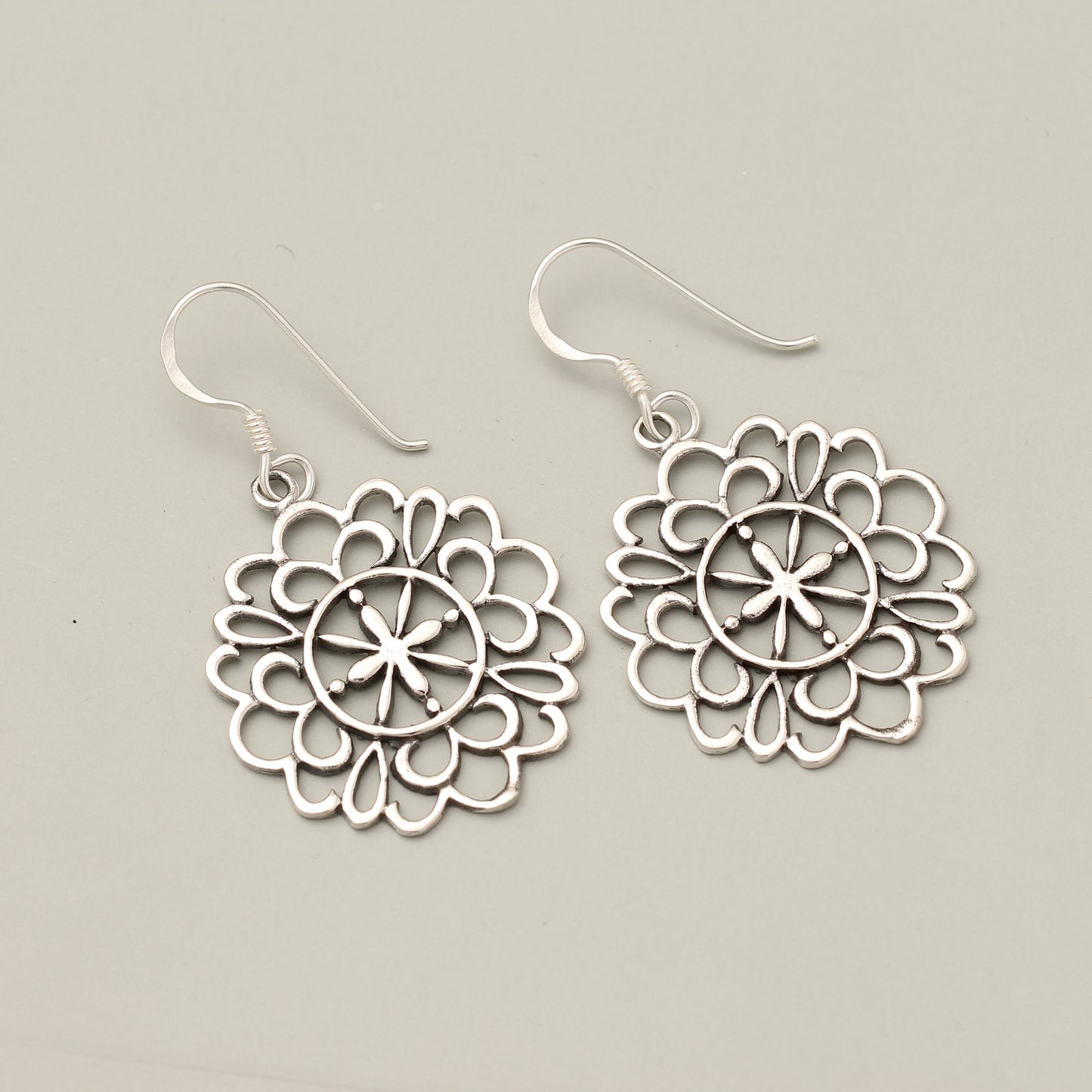 925 Sterling Silver Floral Mandala Dangle Earrings | Handmade Oxidized Silver Drop Earrings for Women