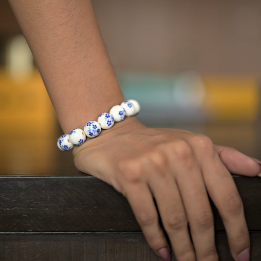 Blue Floral Ceramic Round Bead Stretch Bracelet