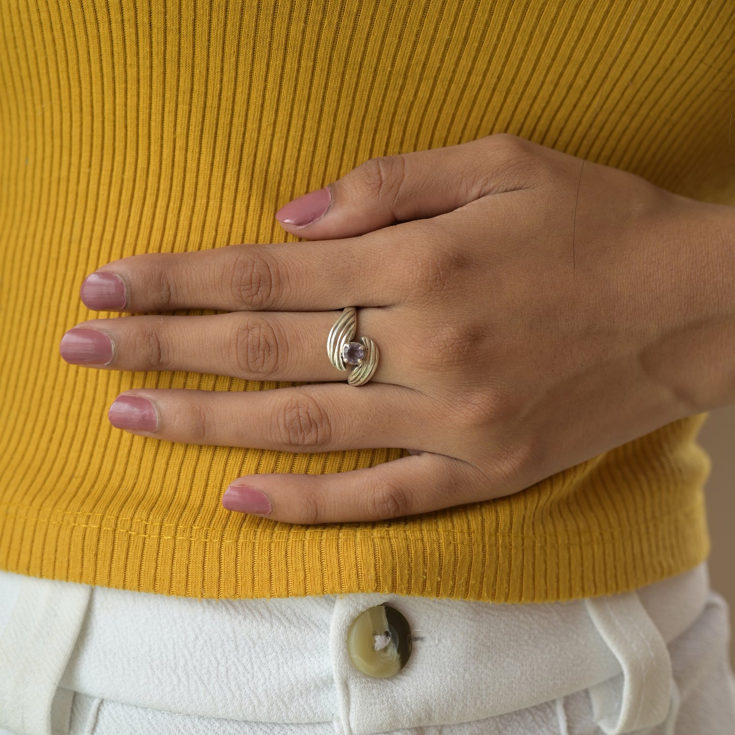 Amethyst Stone With Hand Silver Ring ( 6 1/2 Us Ring Size )